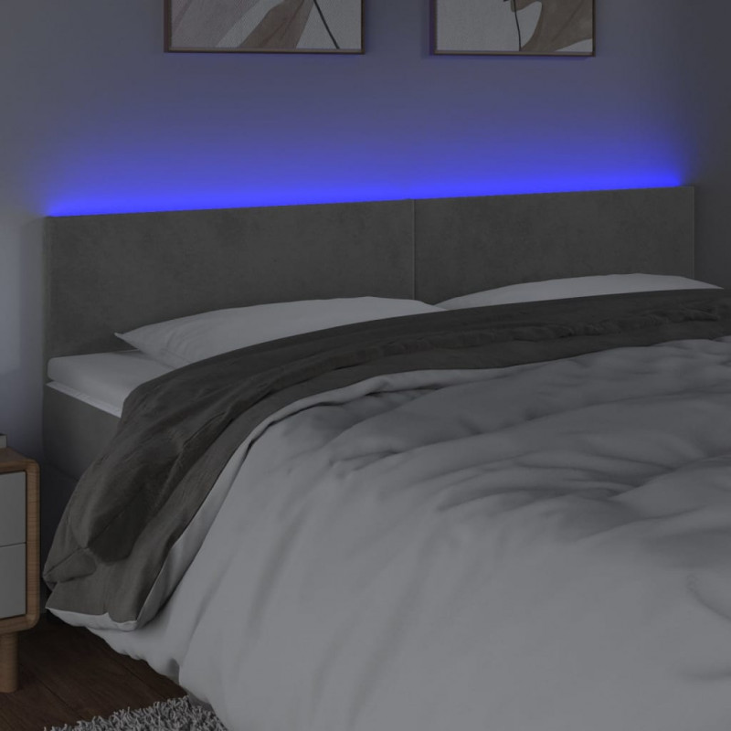 Zagłówek do łóżka z LED, jasnoszary, 160x5x78/88 cm, aksamit