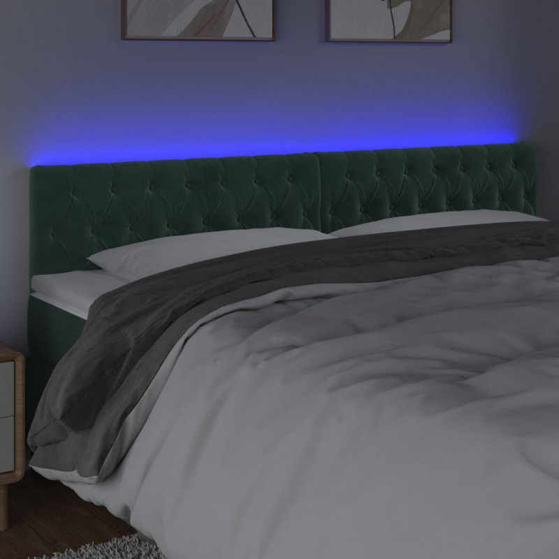 Zagłówek do łóżka z LED, ciemnozielony, 200x7x78/88 cm, aksamit