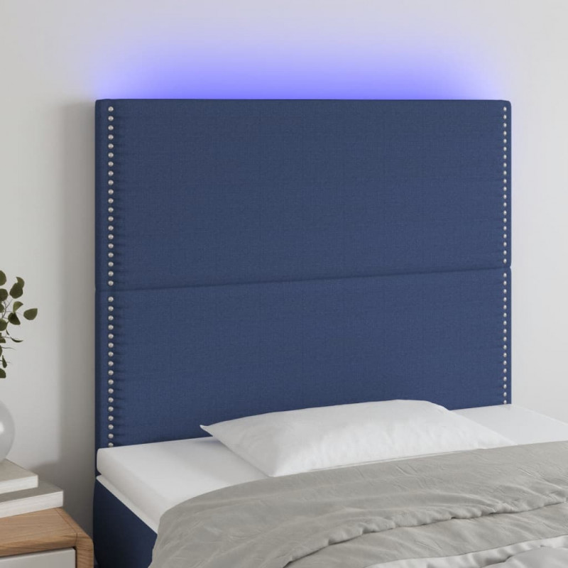 Zagłówek do łóżka z LED, niebieski, 100x5x118/128 cm, tkanina