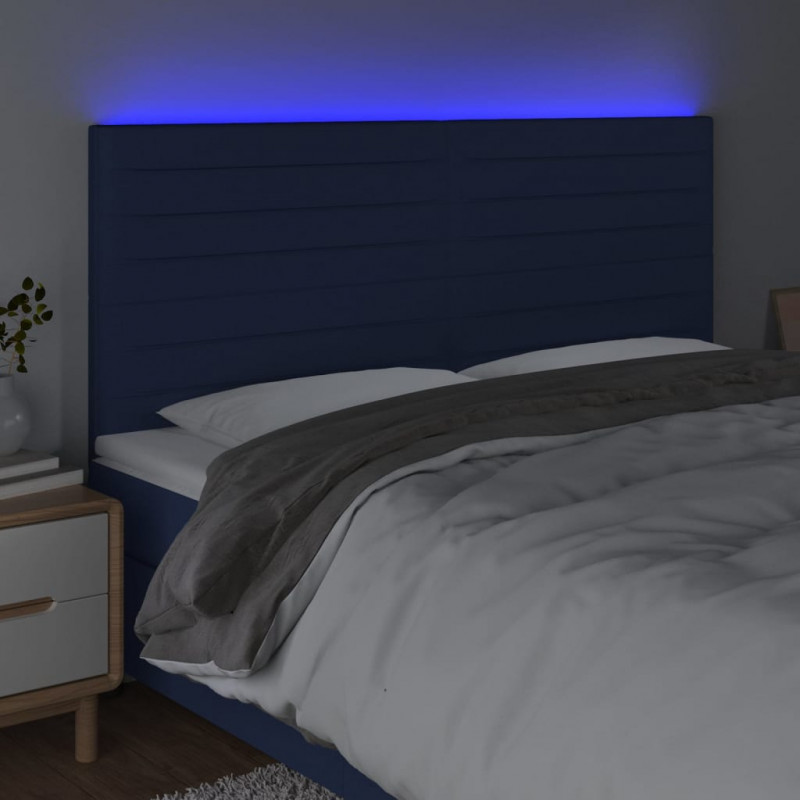 Zagłówek do łóżka z LED, niebieski, 200x5x118/128 cm, tkanina