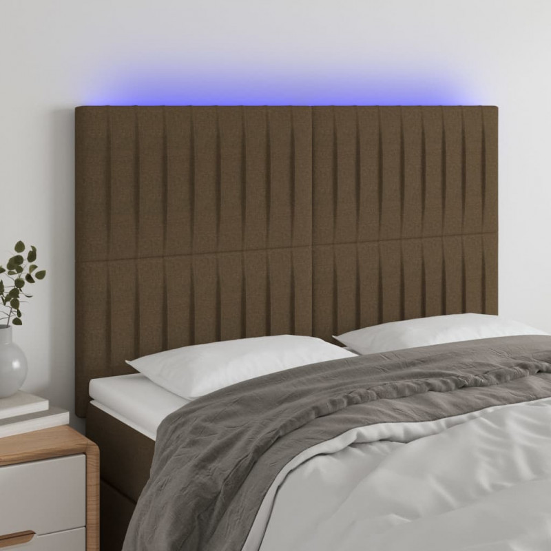 Zagłówek do łóżka z LED ciemnobrązowy 144x5x118/128 cm tkanina