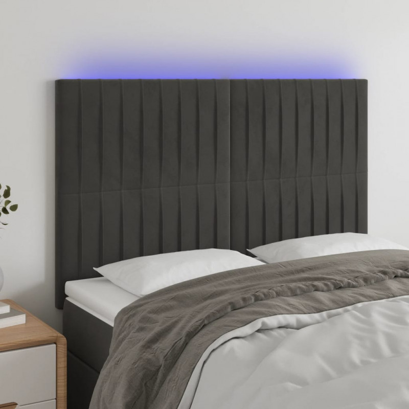 Zagłówek do łóżka z LED, ciemnoszary, 144x5x118/128 cm, aksamit