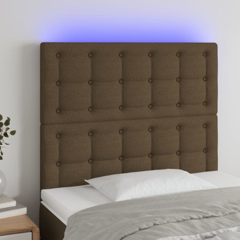 Zagłówek do łóżka z LED ciemnobrązowy, 90x5x118/128 cm tkanina