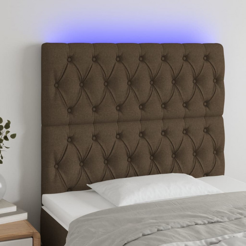Zagłówek do łóżka z LED ciemnobrązowy 100x7x118/128 cm tkanina