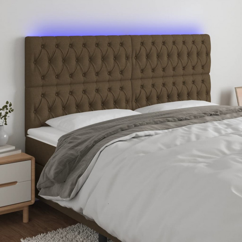 Zagłówek do łóżka z LED ciemnobrązowy 200x7x118/128 cm tkanina