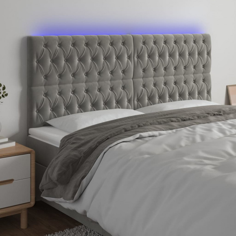 Zagłówek do łóżka z LED, jasnoszary, 180x7x118/128 cm, aksamit