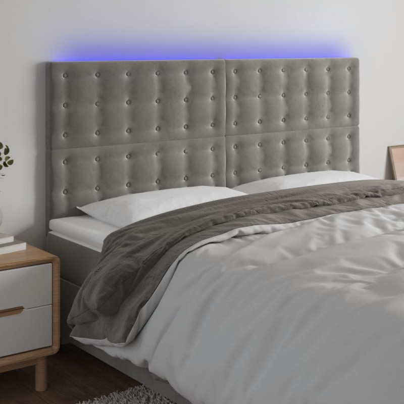 Zagłówek do łóżka z LED, jasnoszary, 160x5x118/128 cm, aksamit