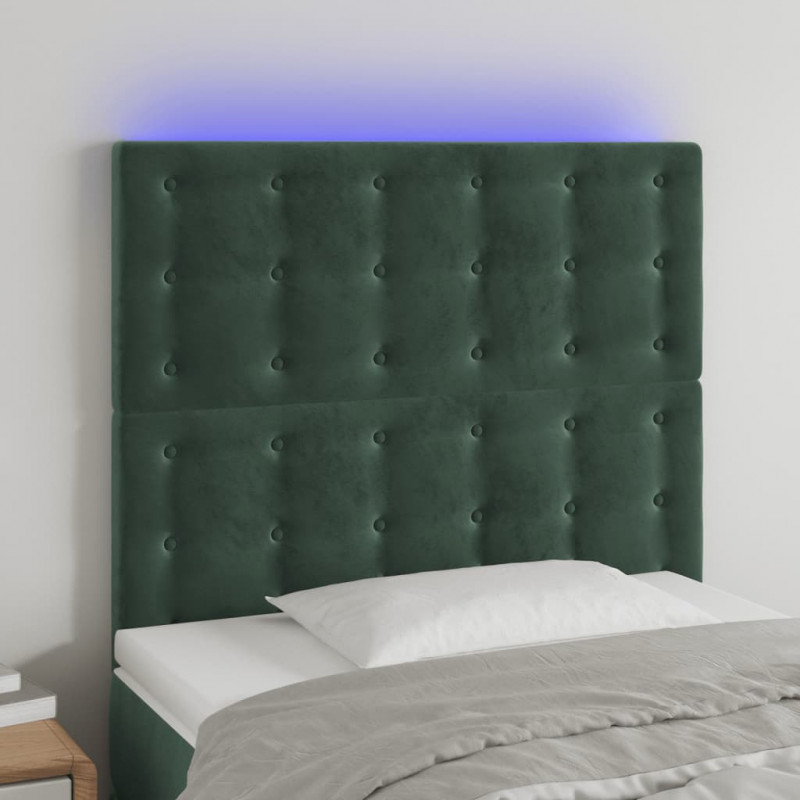 Zagłówek do łóżka z LED, ciemnozielony, 90x5x118/128cm, aksamit