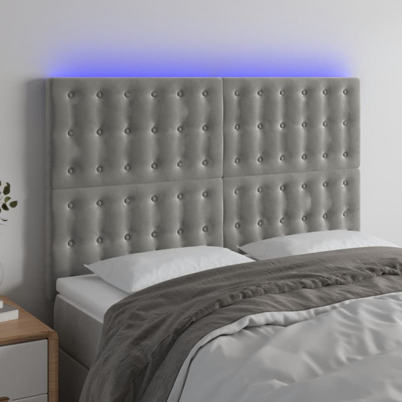 Zagłówek do łóżka z LED, jasnoszary, 144x5x118/128 cm, aksamit