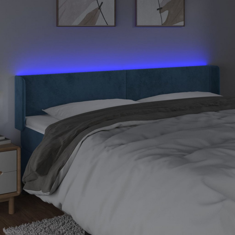 Zagłówek do łóżka z LED ciemnoniebieski 203x16x78/88 cm aksamit