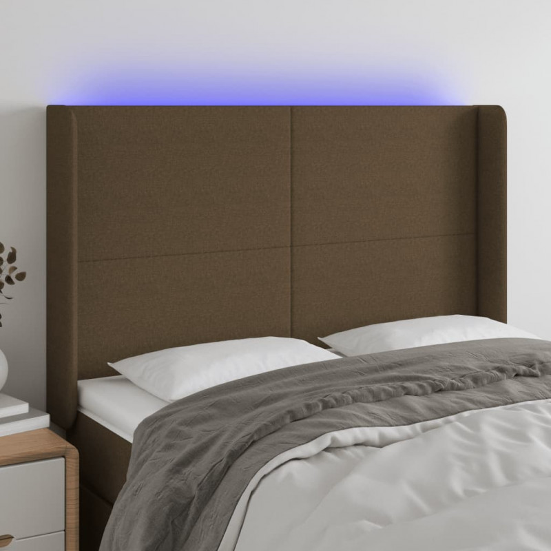 Zagłówek do łóżka z LED ciemnobrązowy 147x16x118/128 cm tkanina