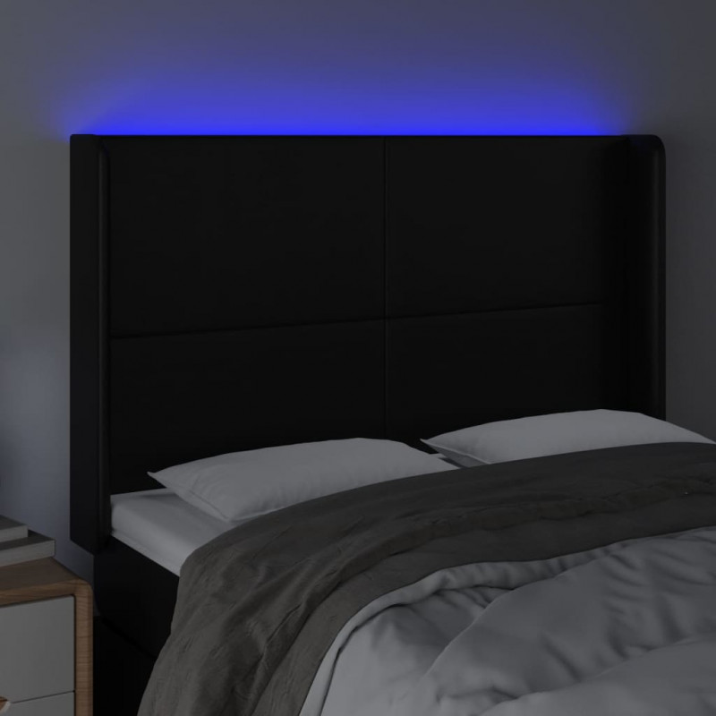 Zagłówek do łóżka z LED, czarny 147x16x118/128cm sztuczna skóra