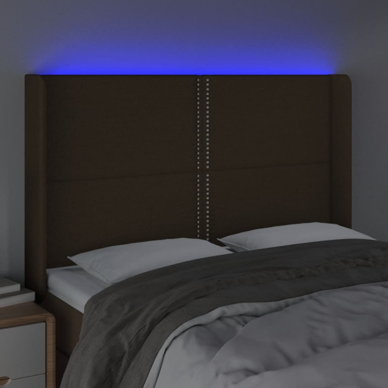 Zagłówek do łóżka z LED ciemnobrązowy 147x16x118/128 cm tkanina