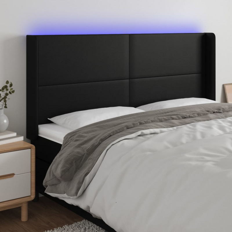 Zagłówek do łóżka z LED, czarny 183x16x118/128cm sztuczna skóra