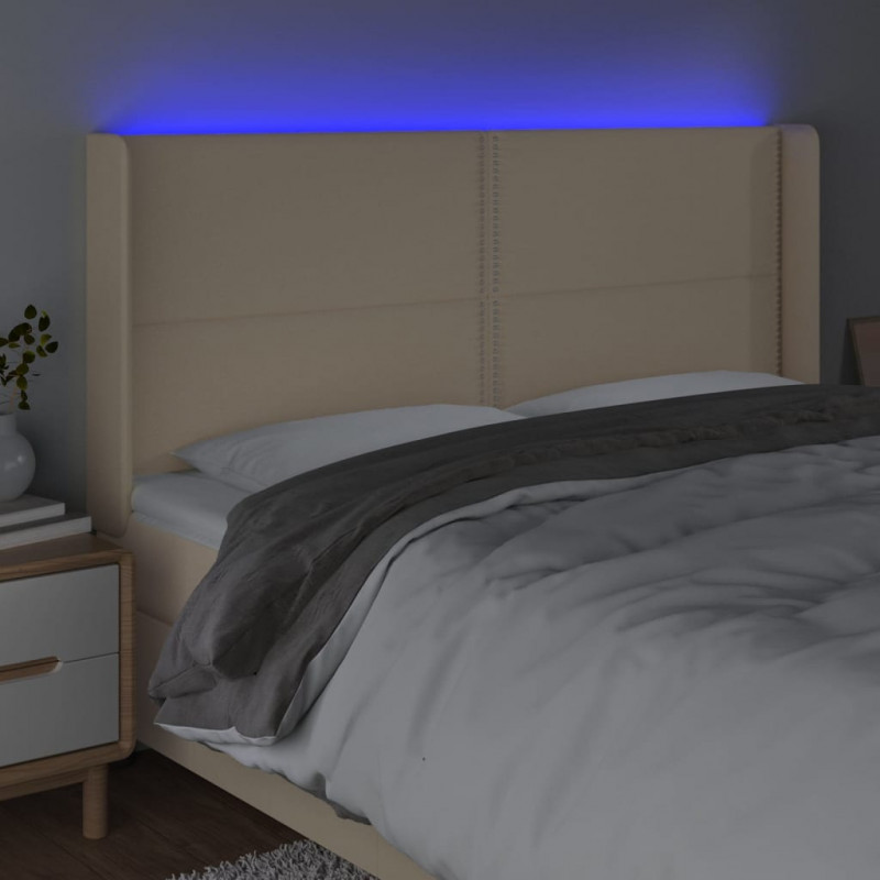 Zagłówek do łóżka z LED, kremowy, 203x16x118/128 cm, tkanina