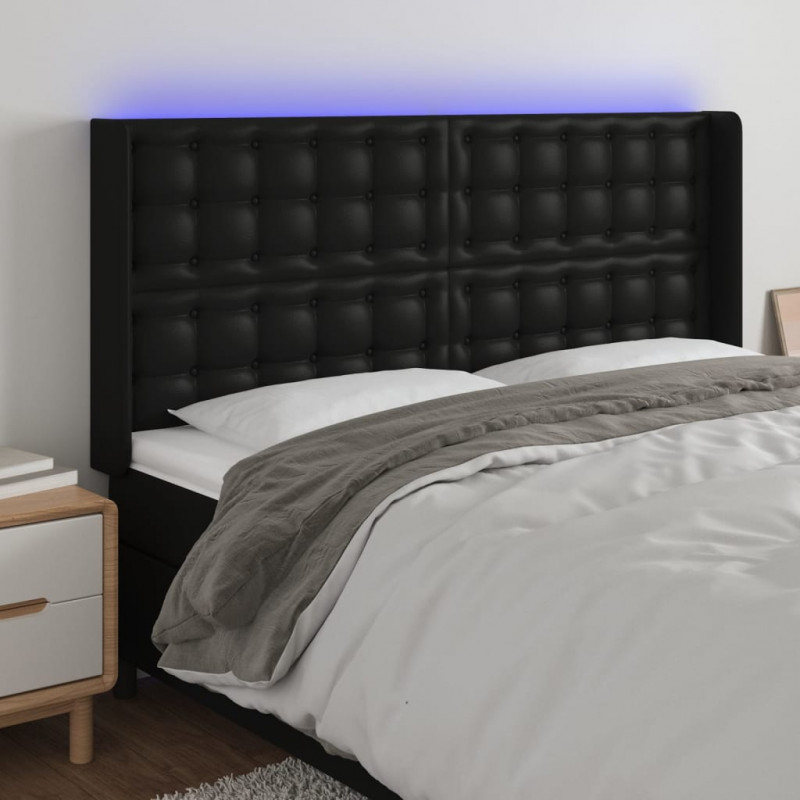 Zagłówek do łóżka z LED, czarny 183x16x118/128cm sztuczna skóra