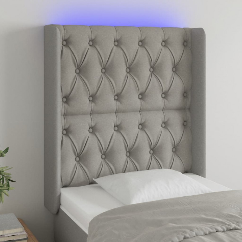 Zagłówek do łóżka z LED, jasnoszary, 83x16x118/128 cm, tkanina