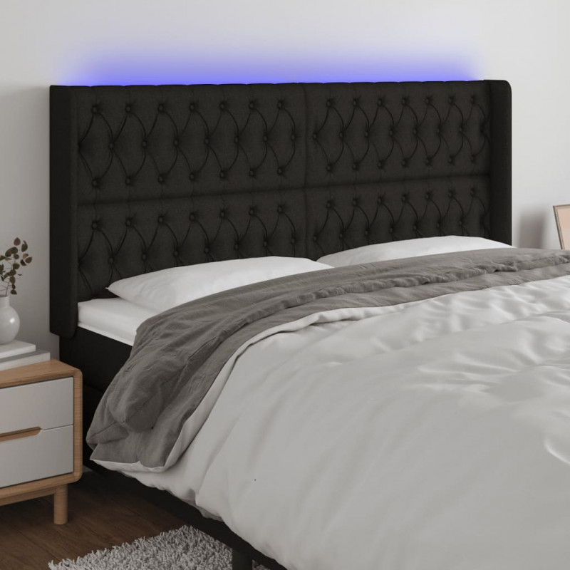 Zagłówek do łóżka z LED, czarny, 203x16x118/128 cm, tkanina