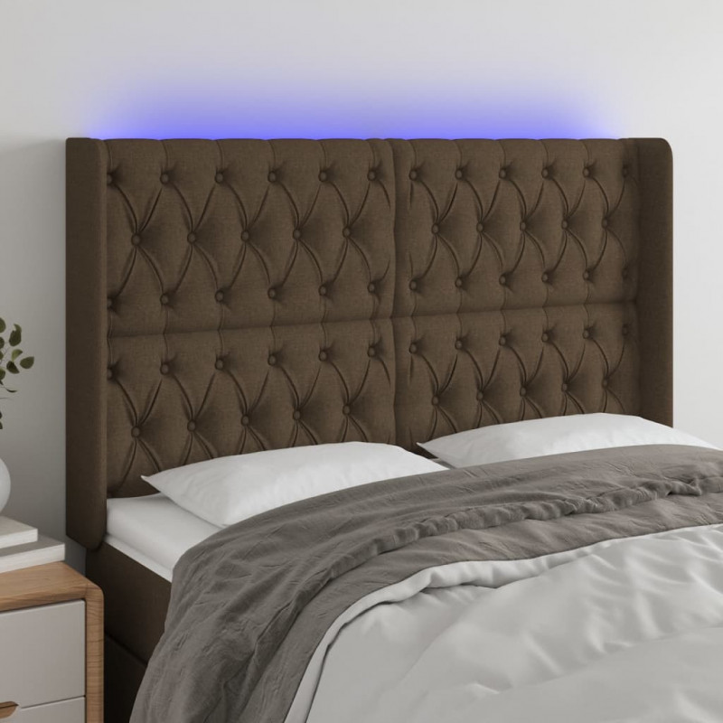 Zagłówek do łóżka z LED ciemnobrązowy 163x16x118/128 cm tkanina