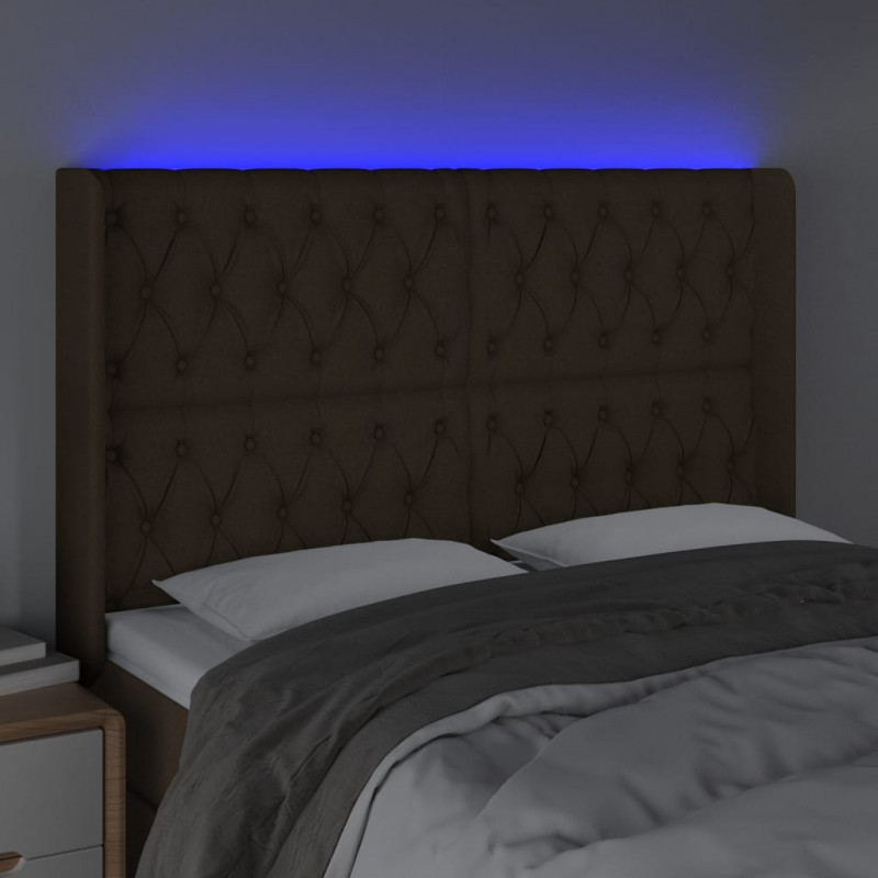 Zagłówek do łóżka z LED ciemnobrązowy 163x16x118/128 cm tkanina