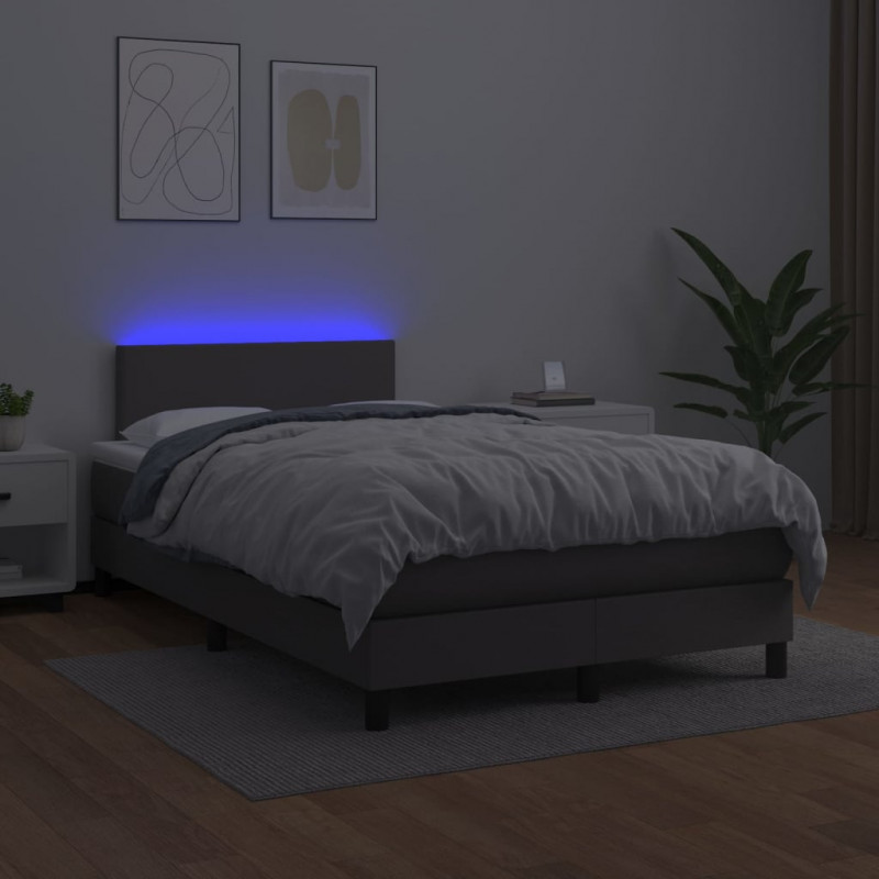 Łóżko kontynentalne z materacem i LED, szara ekoskóra 120x200cm