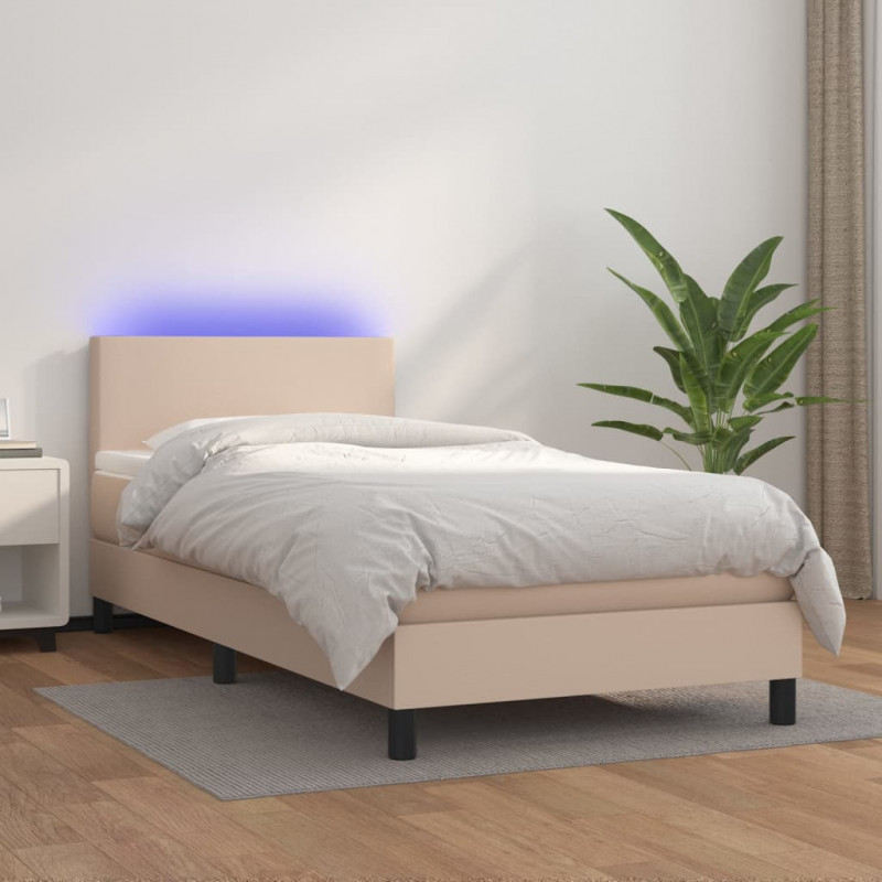 Łóżko kontynentalne, materac i LED cappuccino ekoskóra 80x200cm