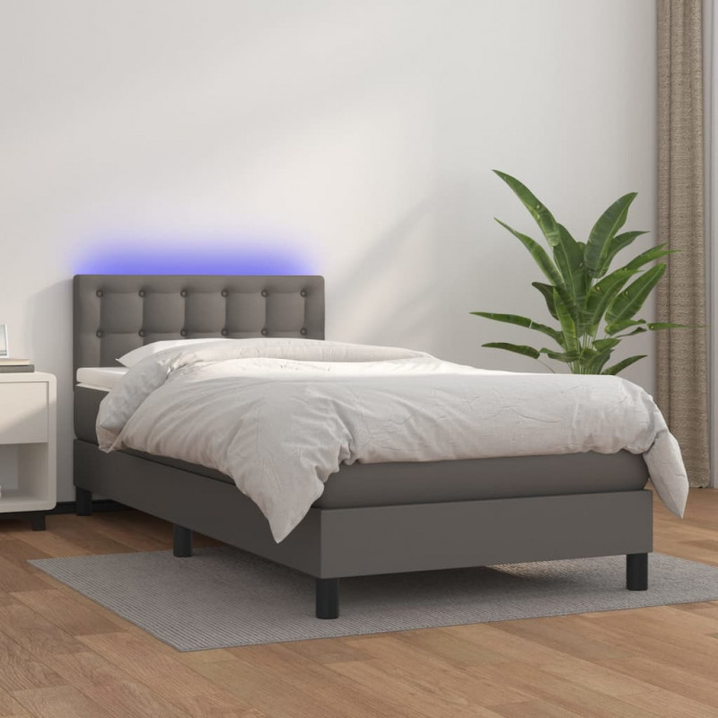 Łóżko kontynentalne z materacem i LED, szara ekoskóra 90x190 cm