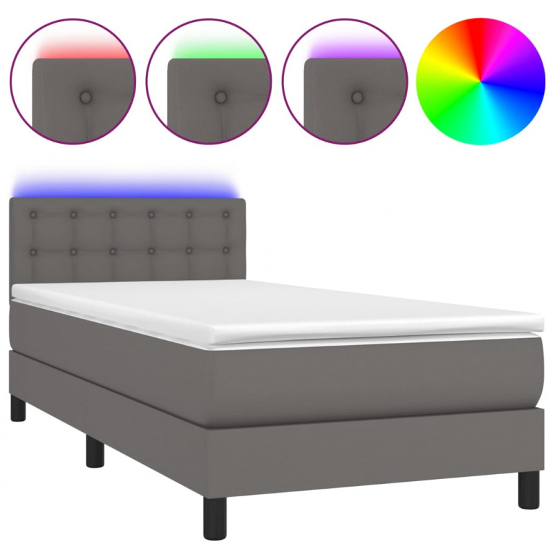 Łóżko kontynentalne z materacem i LED, szara ekoskóra 90x190 cm