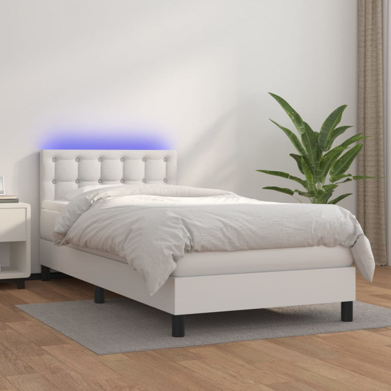 Łóżko kontynentalne z materacem i LED, biała ekoskóra 90x200 cm