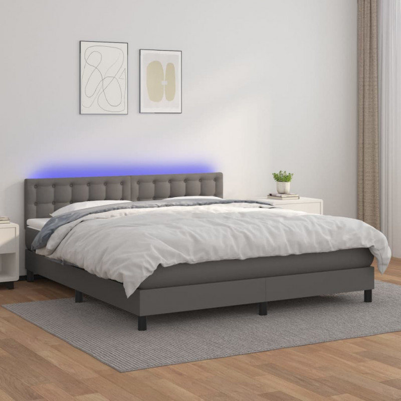 Łóżko kontynentalne z materacem i LED, szara ekoskóra 160x200cm