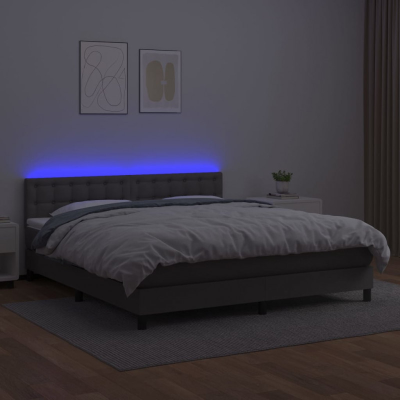 Łóżko kontynentalne z materacem i LED, szara ekoskóra 160x200cm