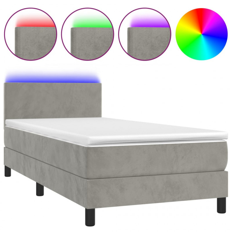 Łóżko kontynentalne z materacem i LED, szare 90x200 cm, aksamit