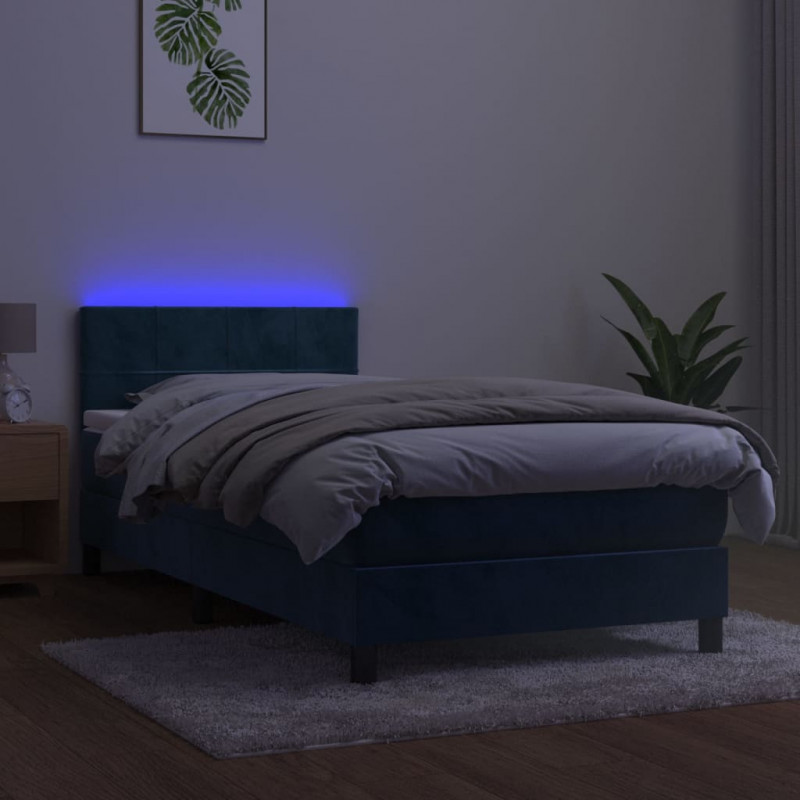 Łóżko kontynentalne, materac i LED, niebieski aksamit 90x200 cm