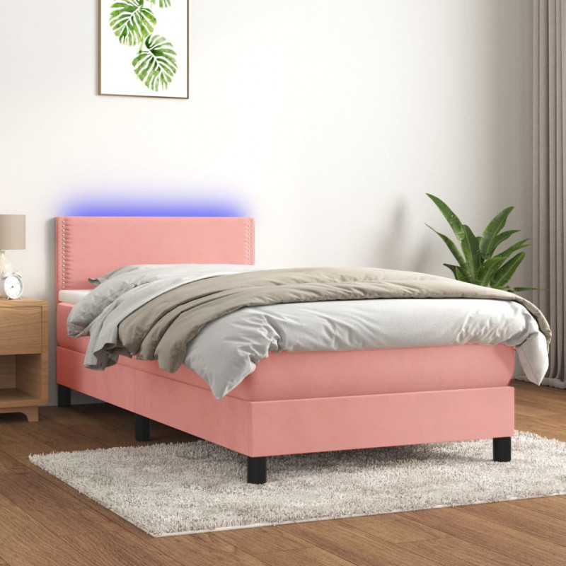 Łóżko kontynentalne z materacem i LED, różowy aksamit 90x200 cm