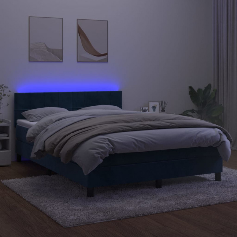 Łóżko kontynentalne, materac i LED, niebieski aksamit 140x190cm