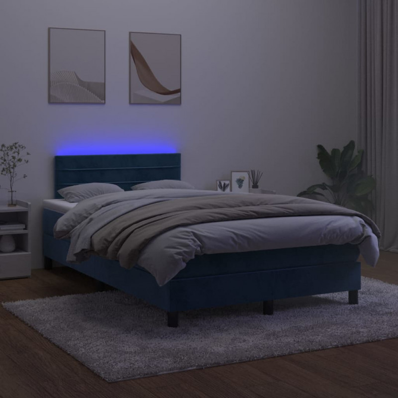 Łóżko kontynentalne, materac i LED, niebieski aksamit 120x200cm