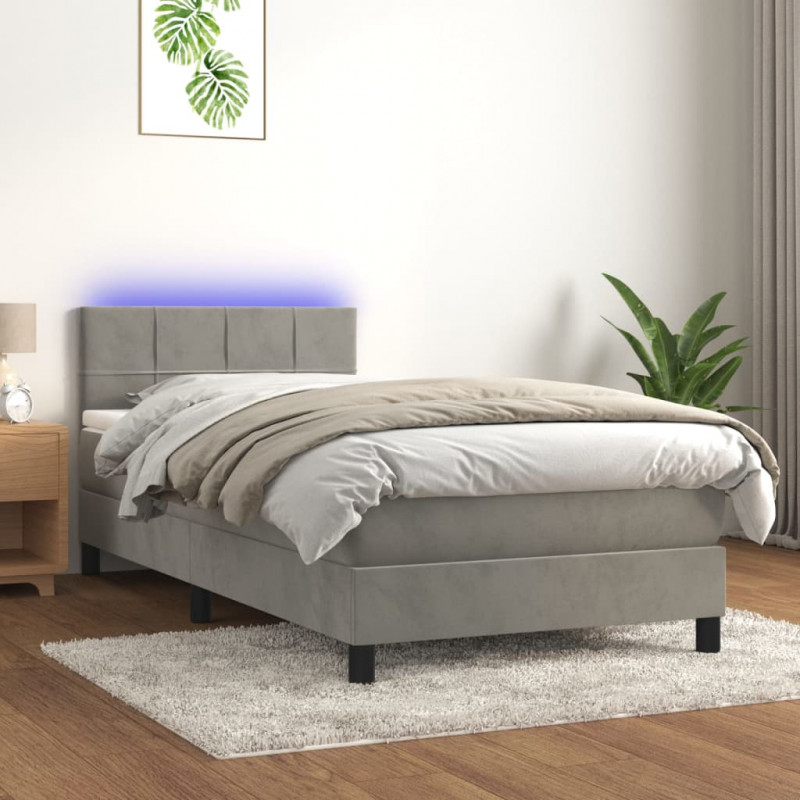 Łóżko kontynentalne z materacem i LED, szare 100x200cm, aksamit