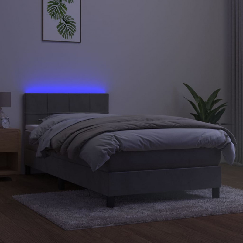 Łóżko kontynentalne z materacem i LED, szare 100x200cm, aksamit