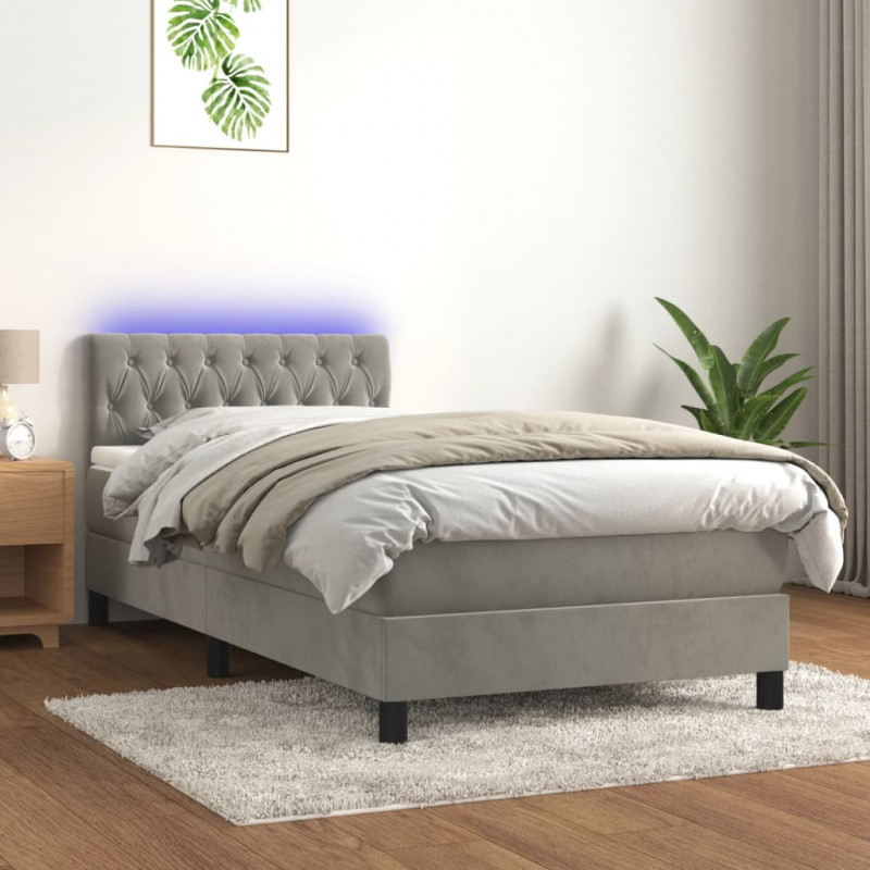 Łóżko kontynentalne z materacem i LED, szare 100x200cm, aksamit