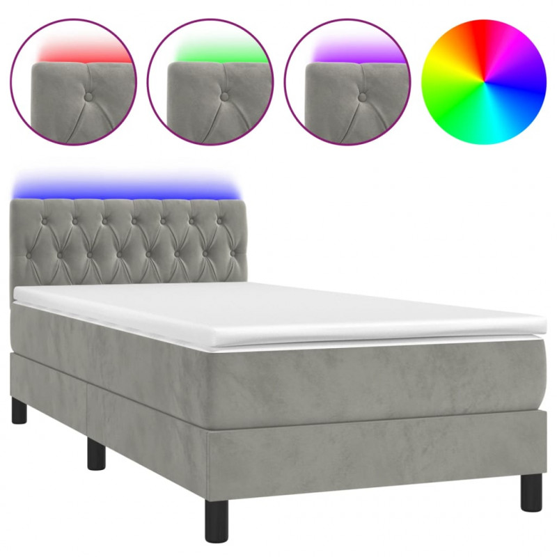 Łóżko kontynentalne z materacem i LED, szare 100x200cm, aksamit