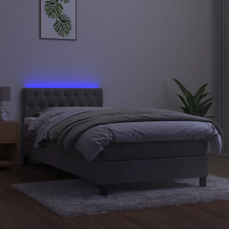 Łóżko kontynentalne z materacem i LED, szare 100x200cm, aksamit