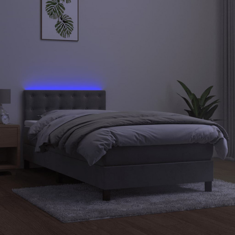 Łóżko kontynentalne z materacem i LED, szare 90x200 cm, aksamit