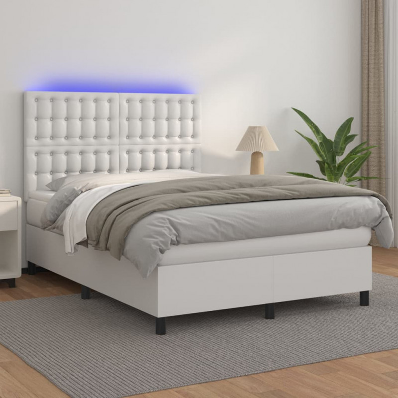 Łóżko kontynentalne z materacem i LED, biała ekoskóra 140x190cm