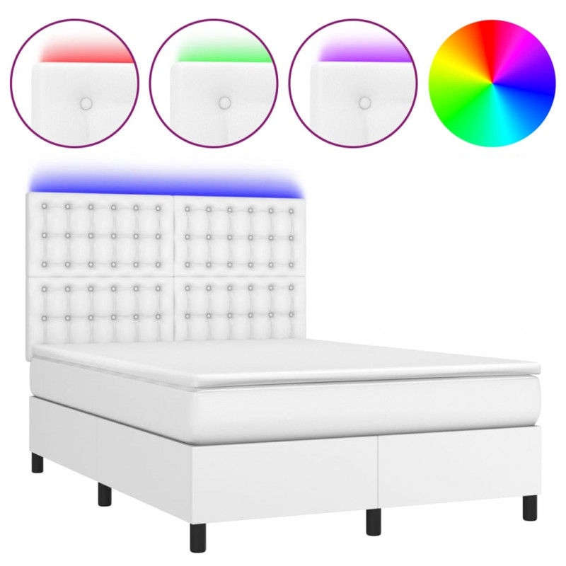 Łóżko kontynentalne z materacem i LED, biała ekoskóra 140x190cm