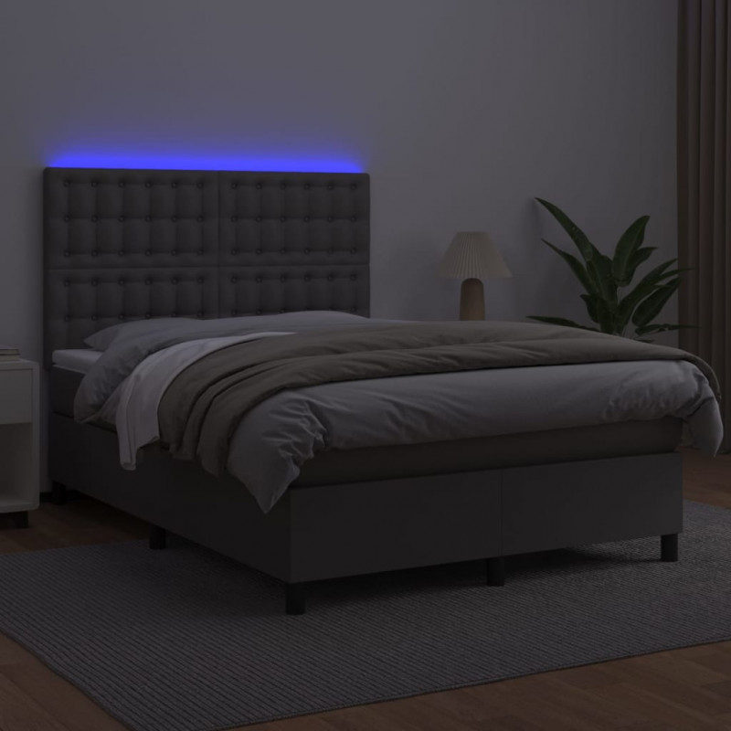 Łóżko kontynentalne z materacem i LED, szara ekoskóra 140x200cm