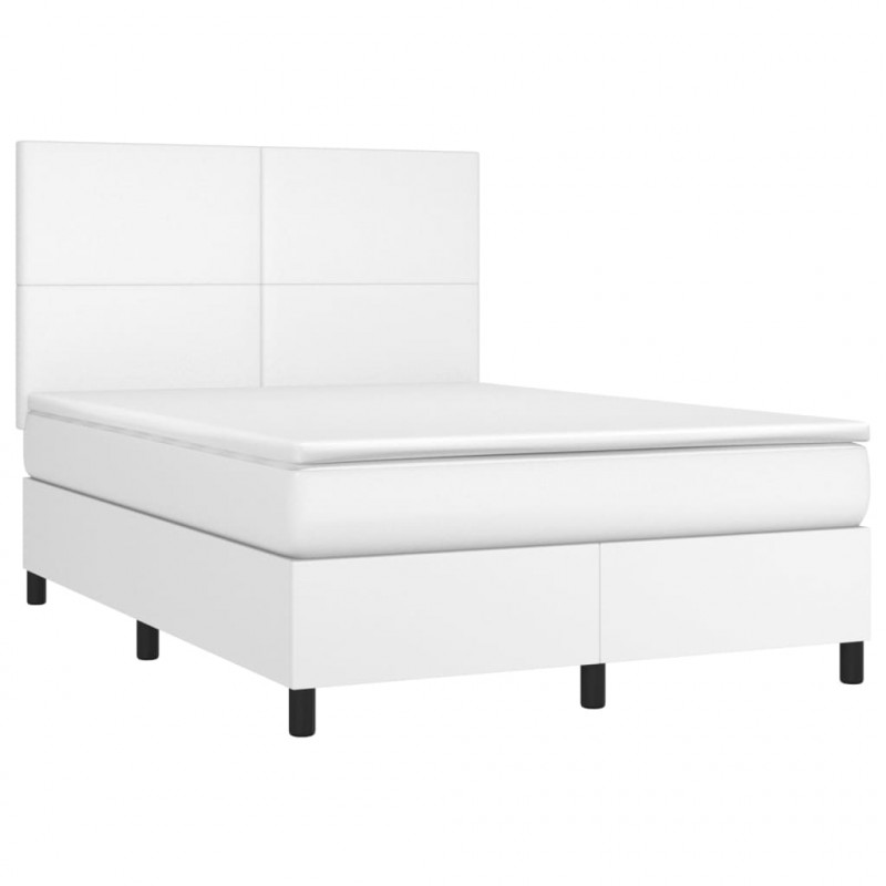 Łóżko kontynentalne z materacem i LED, biała ekoskóra 140x200cm