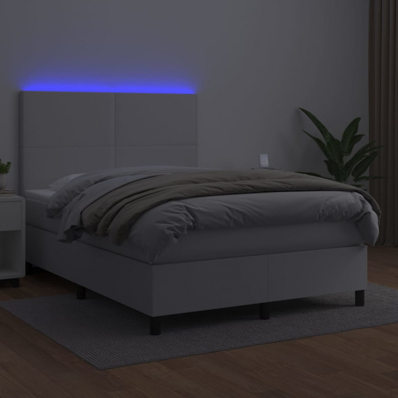 Łóżko kontynentalne z materacem i LED, biała ekoskóra 140x200cm