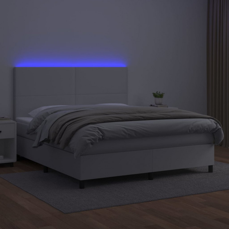 Łóżko kontynentalne z materacem i LED, biała ekoskóra 160x200cm