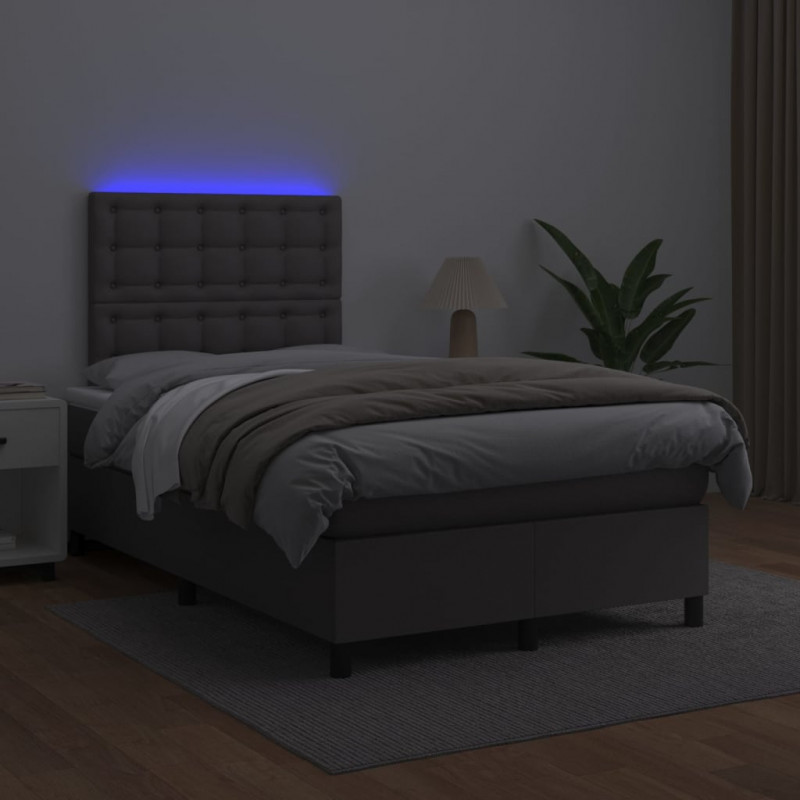 Łóżko kontynentalne z materacem i LED, szara ekoskóra 120x200cm