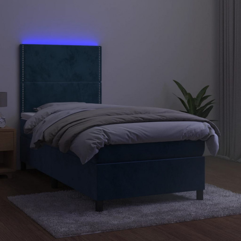 Łóżko kontynentalne, materac i LED, niebieski aksamit 80x200 cm